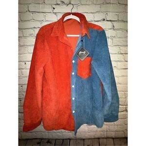 NWT Women’s Medium Oversized Long Sleeve Button Up Pocket Polo Waffle Knit Orang